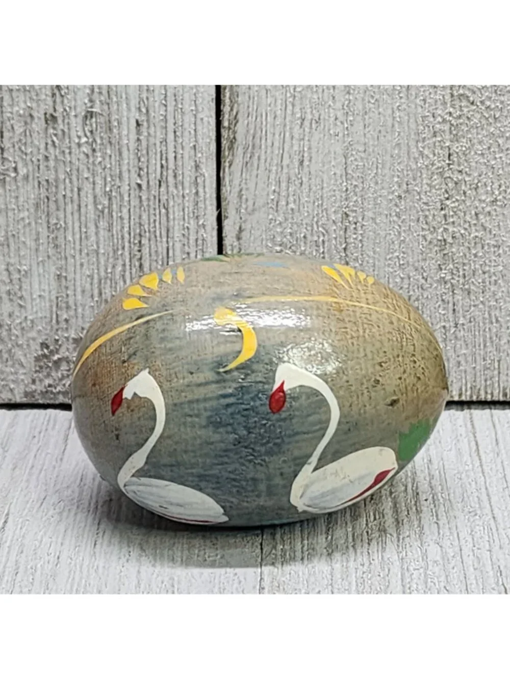 Painted Swan Wooden Egg Shaped Paperweight Home Art Decorative Collectible Vtg